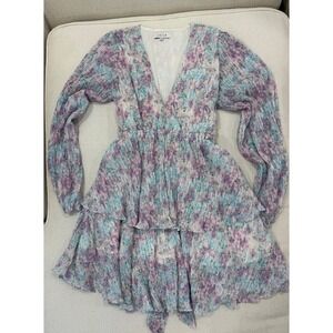 ACOA Floral Mini Dress Womens Small Pleated Tiered Ruffle V-Neck Excellent